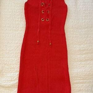 Michael Kors Red-Orange Ribbed Tie Front Tank Top